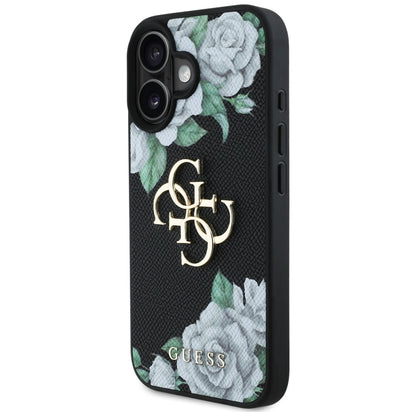 Hoes voor Apple iPhone 16, Guess, 4G Grained Roses Big Logo, Zwart