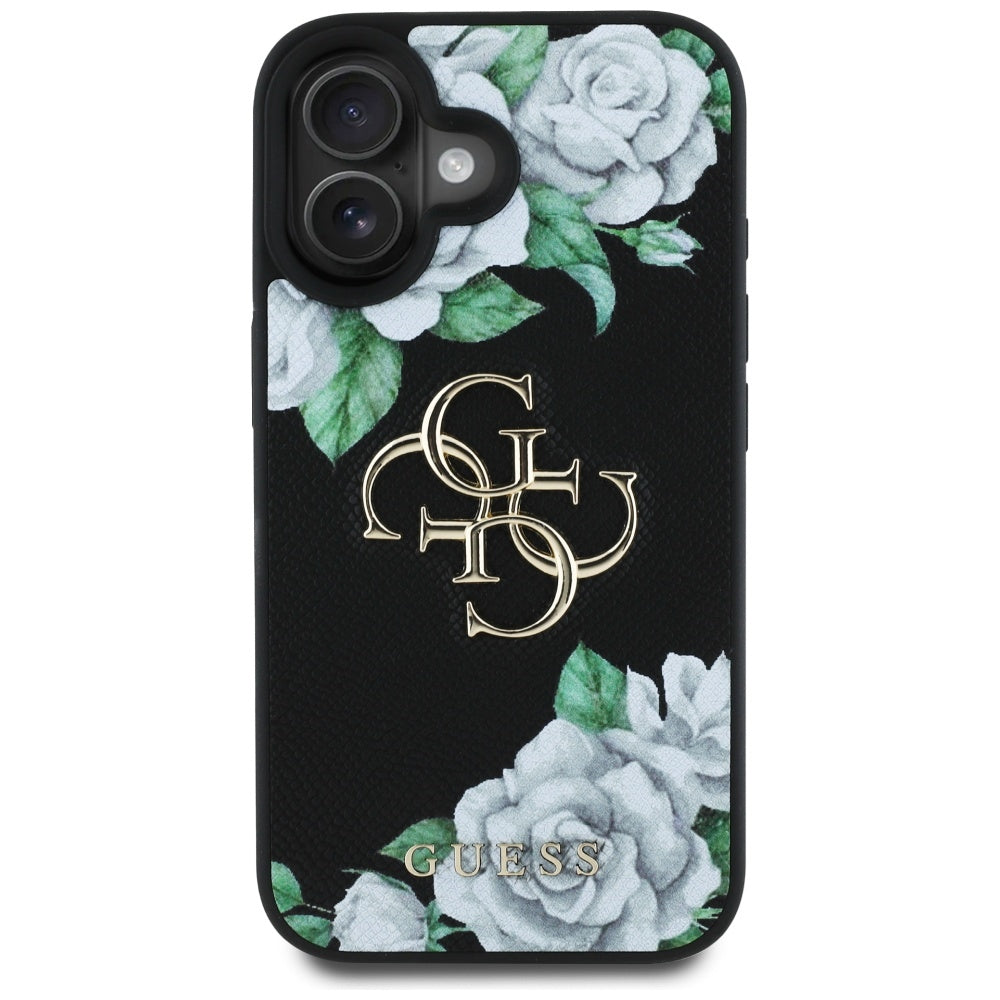 Hoes voor Apple iPhone 16, Guess, 4G Grained Roses Big Logo, Zwart