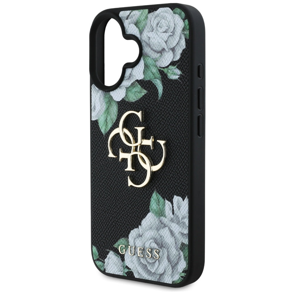 Hoes voor Apple iPhone 16, Guess, 4G Grained Roses Big Logo, Zwart