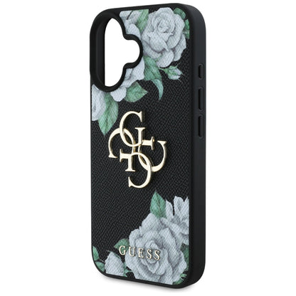 Hoes voor Apple iPhone 16, Guess, 4G Grained Roses Big Logo, Zwart