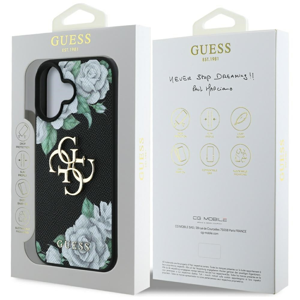 Hoes voor Apple iPhone 16, Guess, 4G Grained Roses Big Logo, Zwart