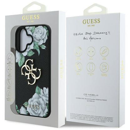 Hoes voor Apple iPhone 16, Guess, 4G Grained Roses Big Logo, Zwart