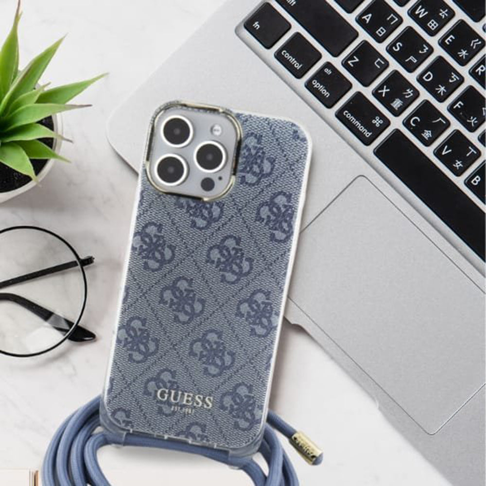 Hoes voor Apple iPhone 16, Guess, Crossbody Cord 4G Print, Zwart