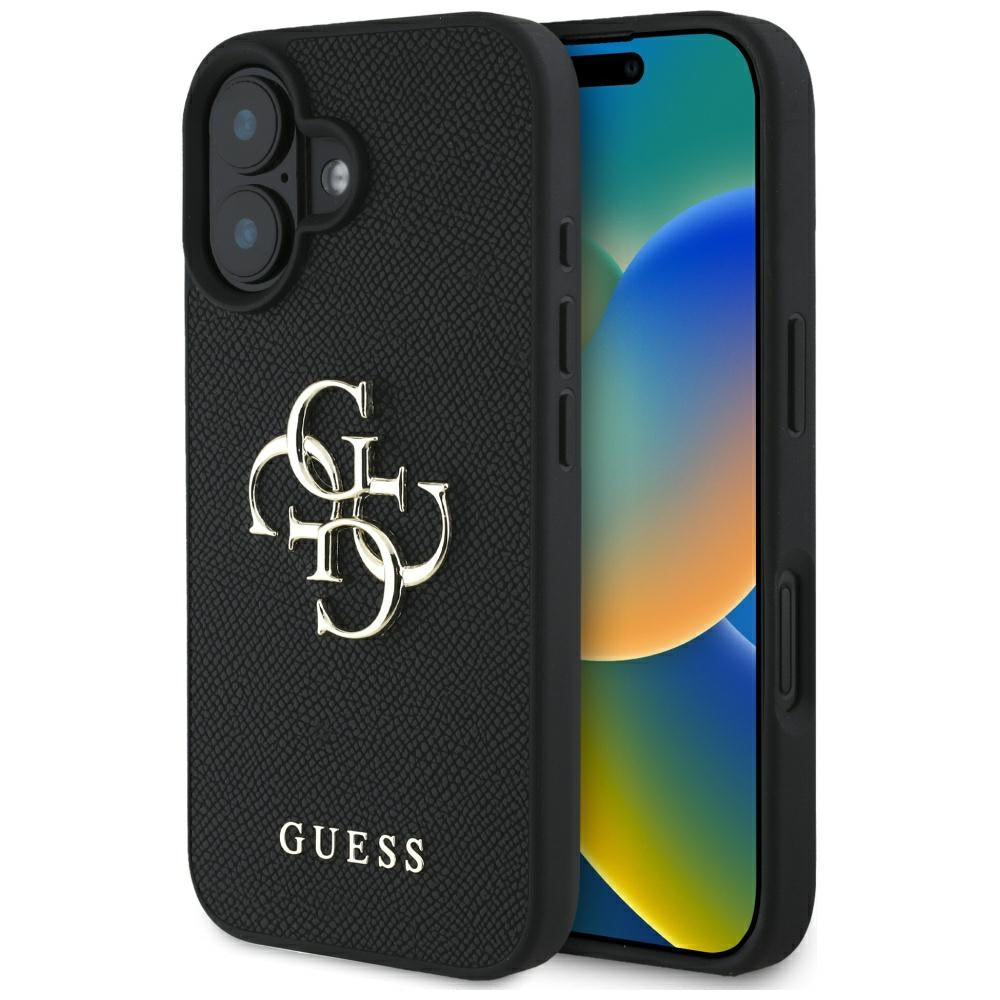 Hoes voor Apple iPhone 16, Guess, Grained Big 4G Logo Small Classic Logo, Zwart
