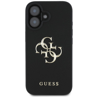 Hoes voor Apple iPhone 16, Guess, Grained Big 4G Logo Small Classic Logo, Zwart