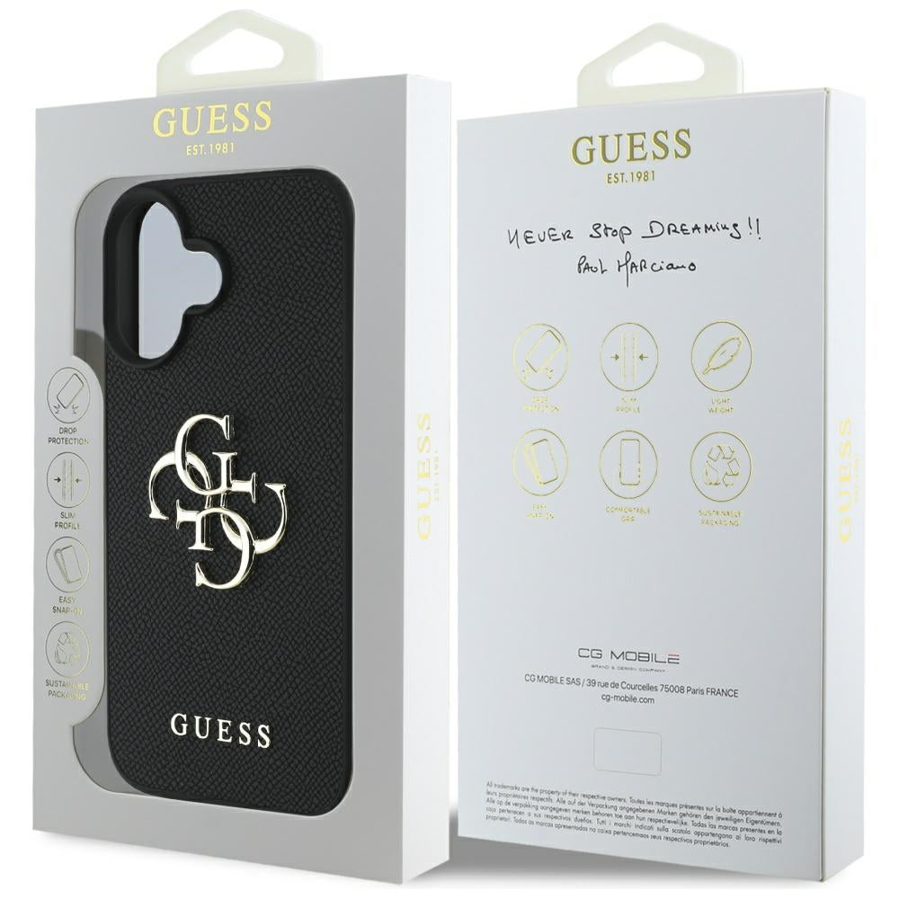 Hoes voor Apple iPhone 16, Guess, Grained Big 4G Logo Small Classic Logo, Zwart