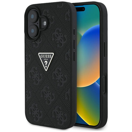 Hoes voor Apple iPhone 16, Guess, Hot Stamp 4G Pattern Triangle Logo, Zwart