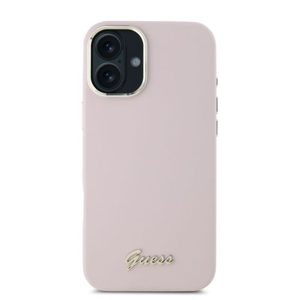 Hoesje voor Apple iPhone 16, Guess, Script Metal Logo & Frame, Roze
