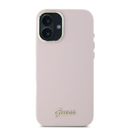 Hoesje voor Apple iPhone 16, Guess, Script Metal Logo & Frame, Roze