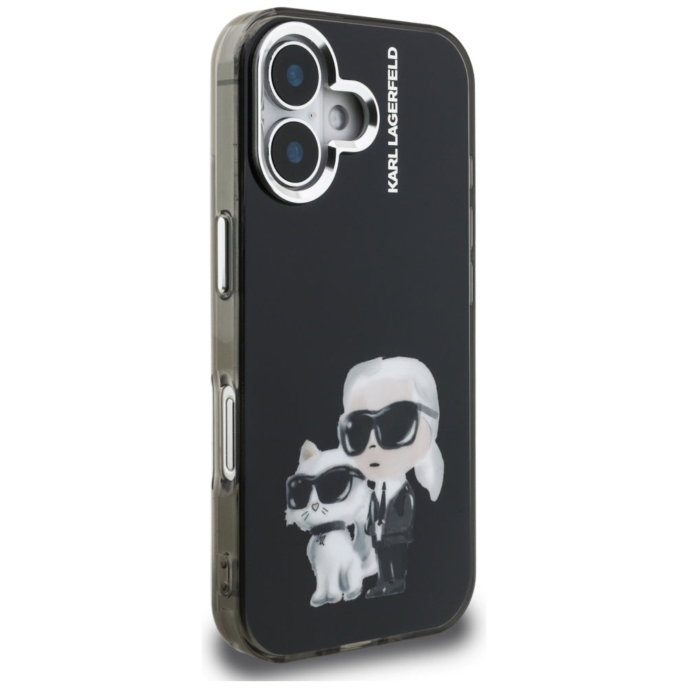 Hoes voor Apple iPhone 16, Karl Lagerfeld, IML Aquarelle Logo Karl & Choupette, Zwart