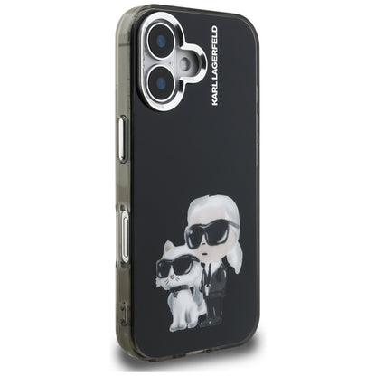 Hoes voor Apple iPhone 16, Karl Lagerfeld, IML Aquarelle Logo Karl & Choupette, Zwart