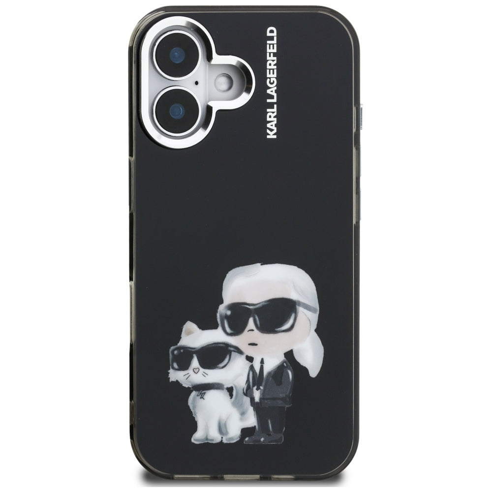 Hoes voor Apple iPhone 16, Karl Lagerfeld, IML Aquarelle Logo Karl & Choupette, Zwart