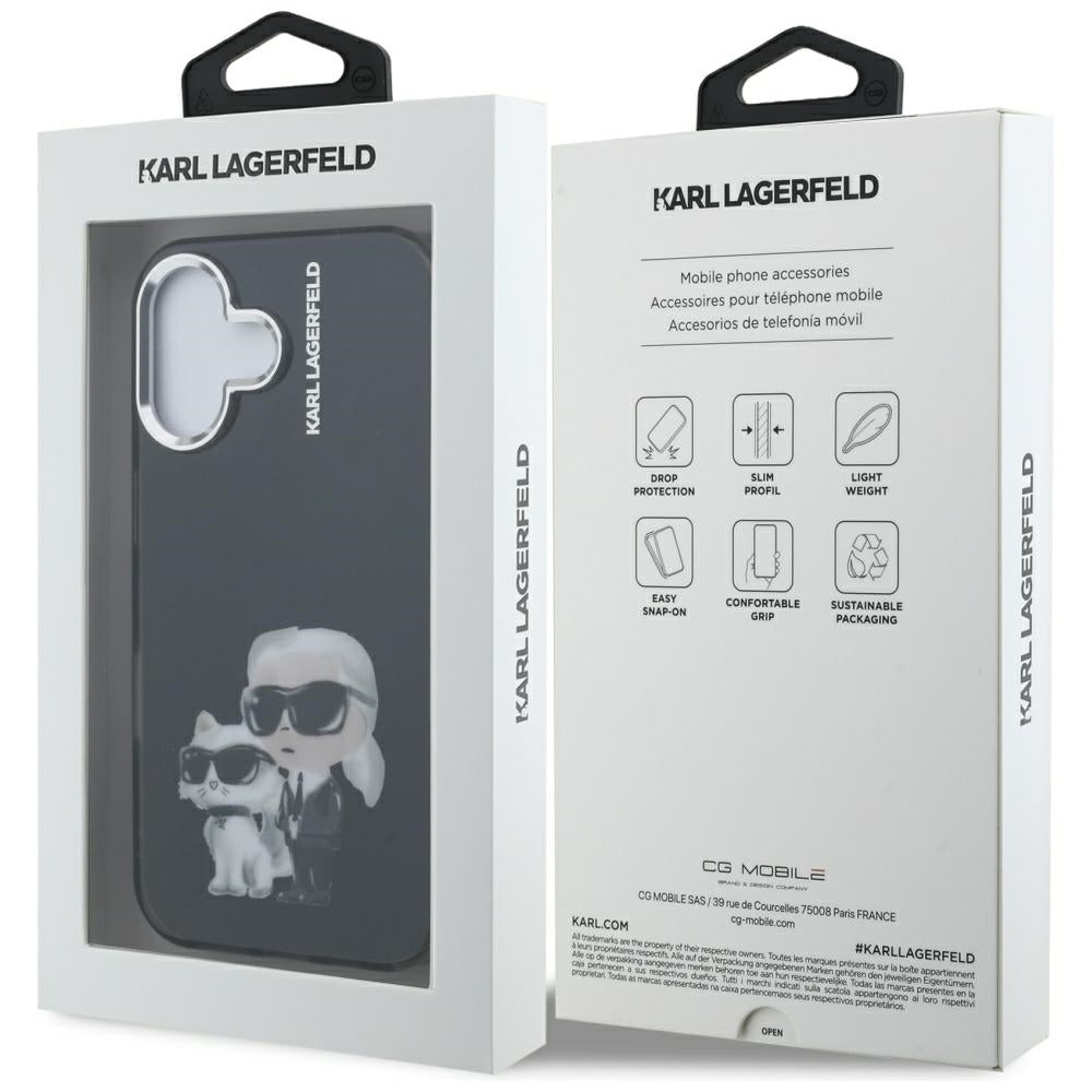 Hoes voor Apple iPhone 16, Karl Lagerfeld, IML Aquarelle Logo Karl & Choupette, Zwart
