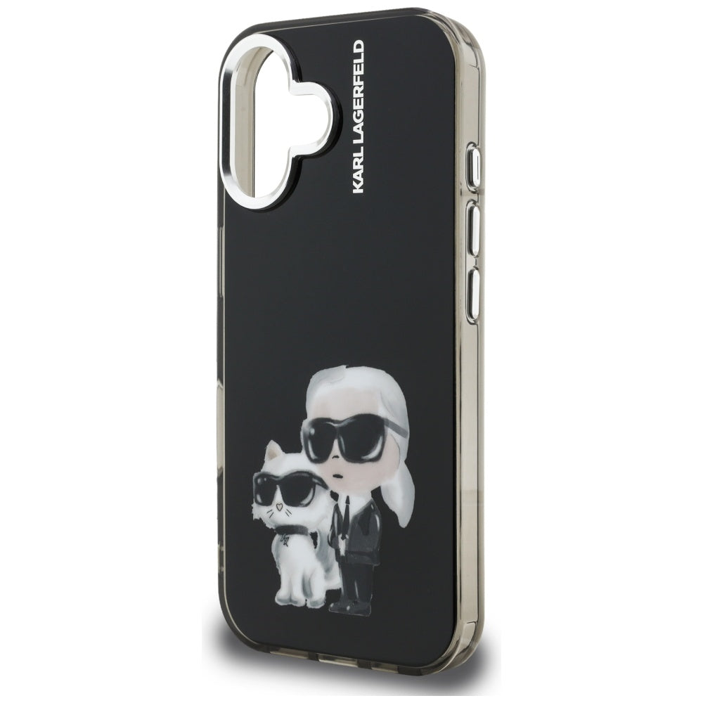 Hoes voor Apple iPhone 16, Karl Lagerfeld, IML Aquarelle Logo Karl & Choupette, Zwart