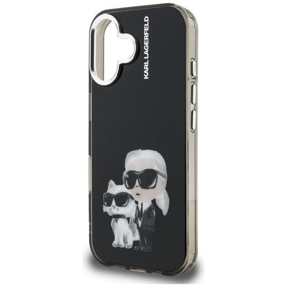 Hoes voor Apple iPhone 16, Karl Lagerfeld, IML Aquarelle Logo Karl & Choupette, Zwart