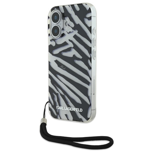 Case for Apple iPhone 16, Karl Lagerfeld, IML Luxury Zebra Pattern with Strap, Black