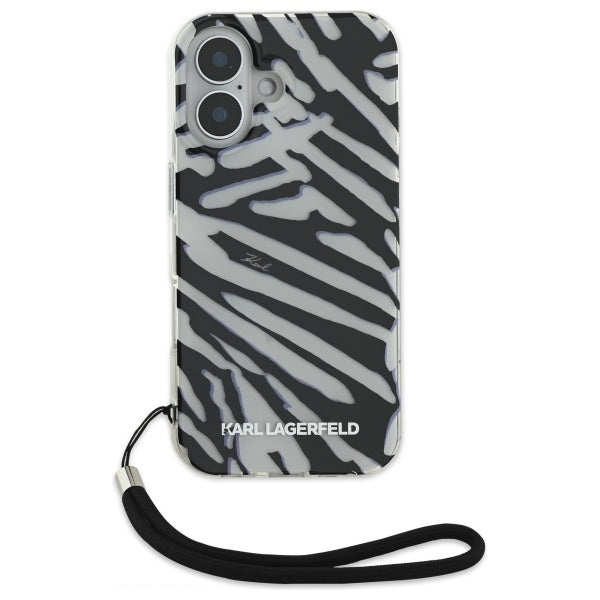 Hoes voor Apple iPhone 16, Karl Lagerfeld, IML Luxury Zebra Pattern met Band, Zwart