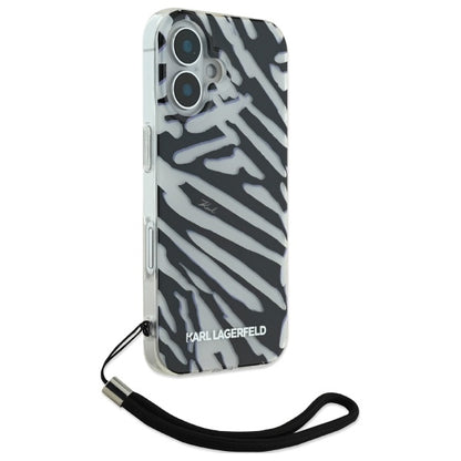 Hoes voor Apple iPhone 16, Karl Lagerfeld, IML Luxury Zebra Pattern met Band, Zwart