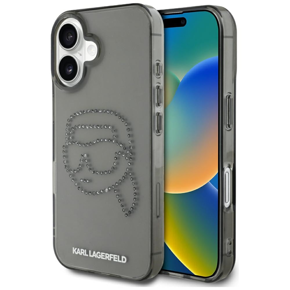 Hoes voor Apple iPhone 16, Karl Lagerfeld, IML Rhinestones Karl's Head, Zwart