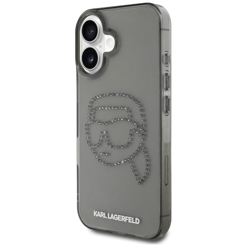 Hoes voor Apple iPhone 16, Karl Lagerfeld, IML Rhinestones Karl's Head, Zwart