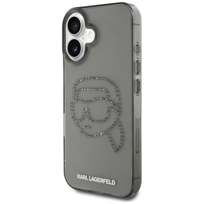 Hoes voor Apple iPhone 16, Karl Lagerfeld, IML Rhinestones Karl's Head, Zwart