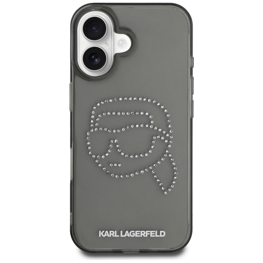 Hoes voor Apple iPhone 16, Karl Lagerfeld, IML Rhinestones Karl's Head, Zwart
