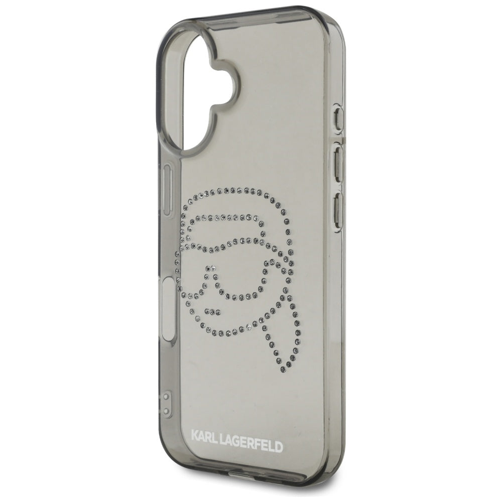 Hoes voor Apple iPhone 16, Karl Lagerfeld, IML Rhinestones Karl's Head, Zwart