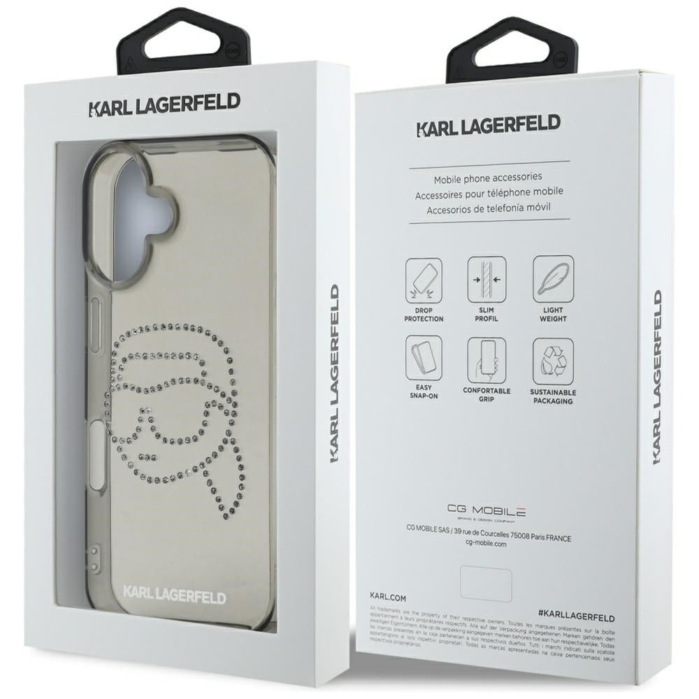 Hoes voor Apple iPhone 16, Karl Lagerfeld, IML Rhinestones Karl's Head, Zwart