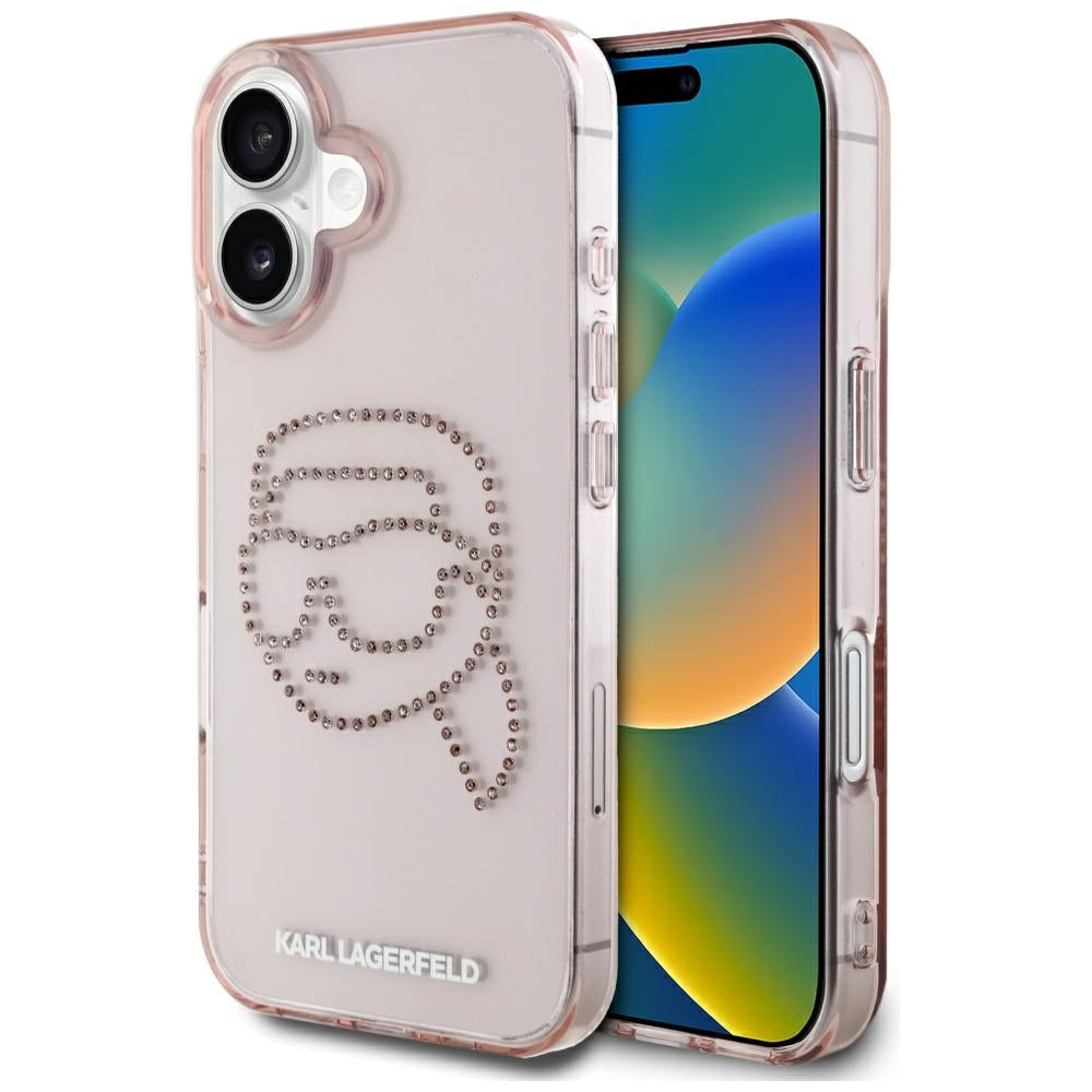 Hoes voor Apple iPhone 16, Karl Lagerfeld, IML Rhinestones Karl's Head, Roze