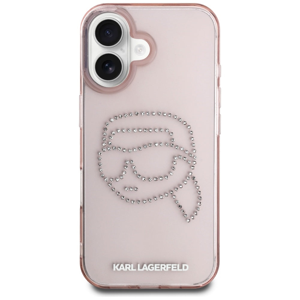 Hoes voor Apple iPhone 16, Karl Lagerfeld, IML Rhinestones Karl's Head, Roze