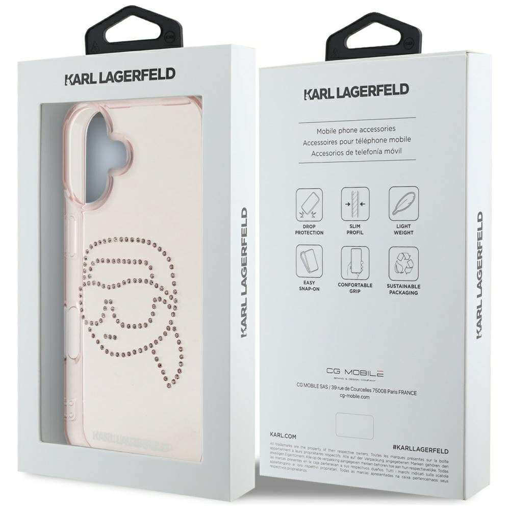 Hoes voor Apple iPhone 16, Karl Lagerfeld, IML Rhinestones Karl's Head, Roze