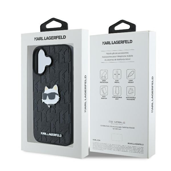 Hoes voor Apple iPhone 16, Karl Lagerfeld, Monogram Choupette's Head, Zwart
