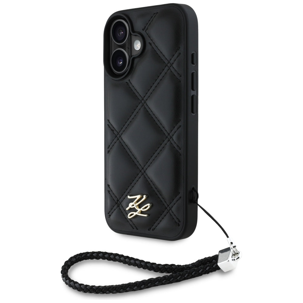 Hoes voor Apple iPhone 16, Karl Lagerfeld, Quilted Initial Logo & Chain Strap, Zwart