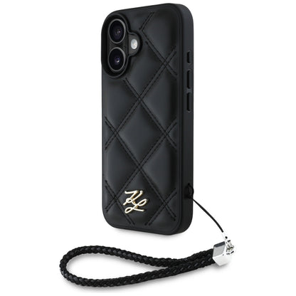 Hoes voor Apple iPhone 16, Karl Lagerfeld, Quilted Initial Logo & Chain Strap, Zwart