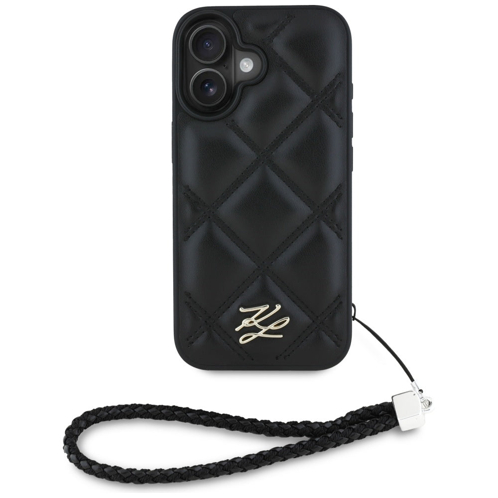 Hoes voor Apple iPhone 16, Karl Lagerfeld, Quilted Initial Logo & Chain Strap, Zwart