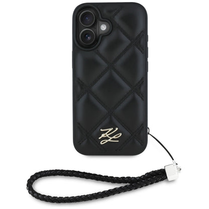 Hoes voor Apple iPhone 16, Karl Lagerfeld, Quilted Initial Logo & Chain Strap, Zwart