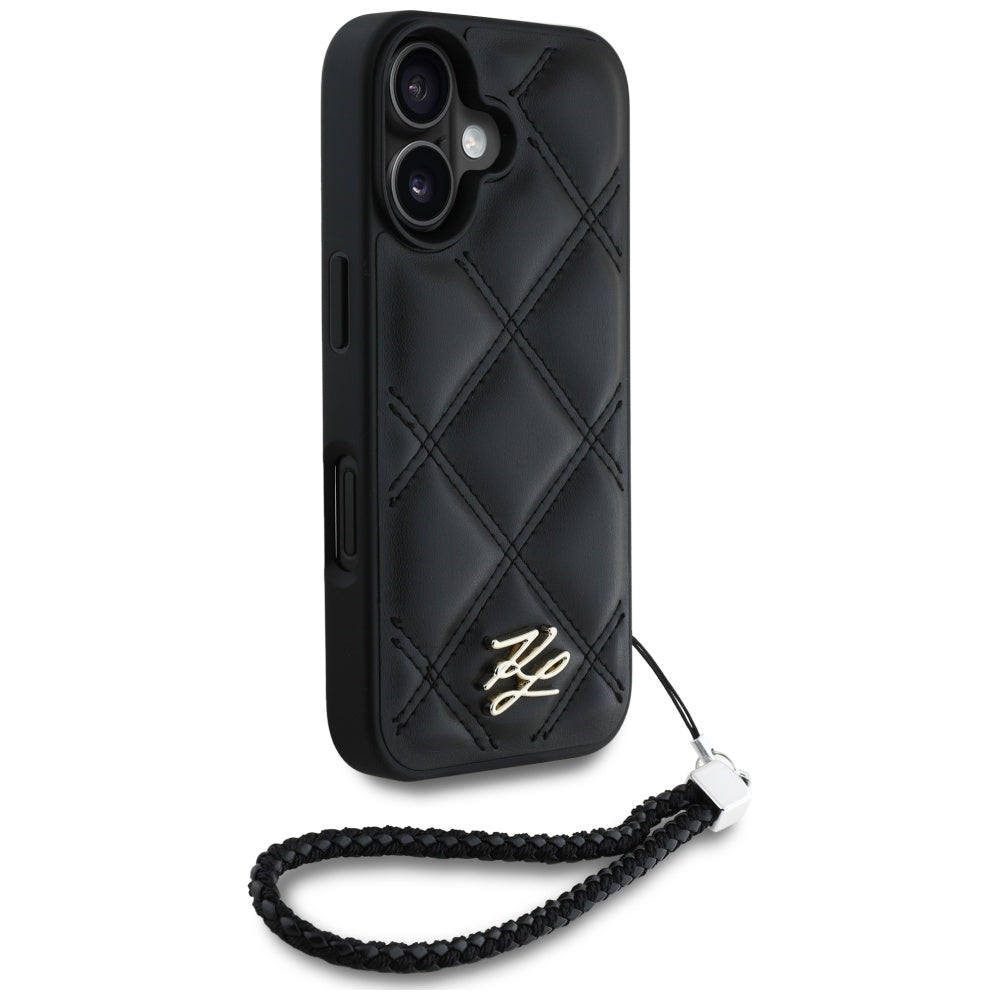 Hoes voor Apple iPhone 16, Karl Lagerfeld, Quilted Initial Logo & Chain Strap, Zwart