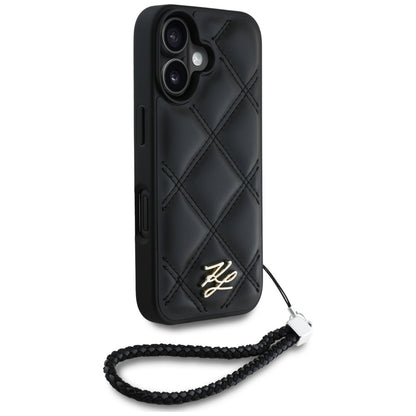 Hoes voor Apple iPhone 16, Karl Lagerfeld, Quilted Initial Logo & Chain Strap, Zwart