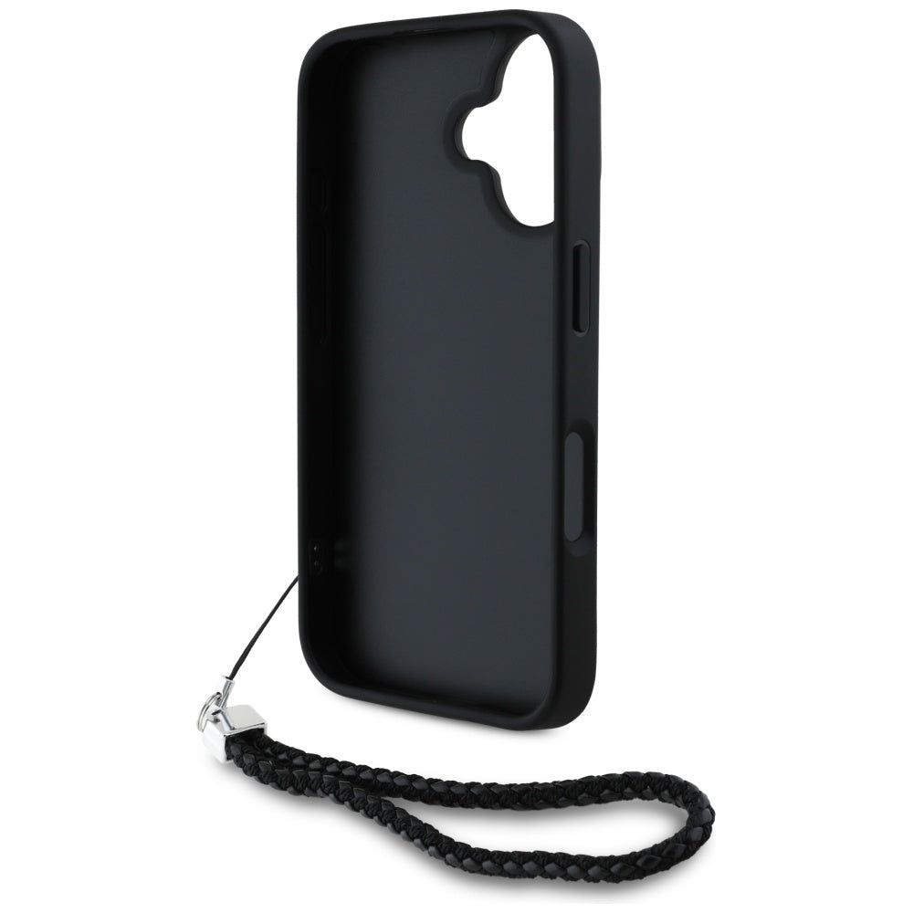 Hoes voor Apple iPhone 16, Karl Lagerfeld, Quilted Initial Logo & Chain Strap, Zwart