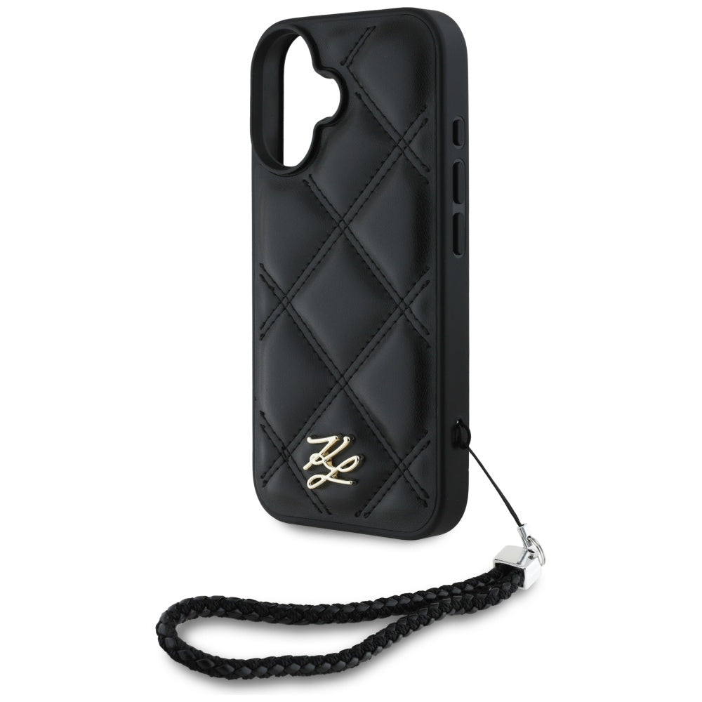 Hoes voor Apple iPhone 16, Karl Lagerfeld, Quilted Initial Logo & Chain Strap, Zwart