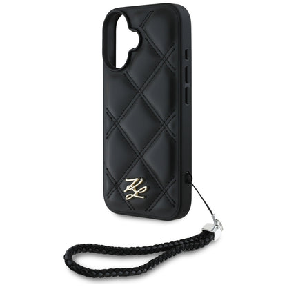 Hoes voor Apple iPhone 16, Karl Lagerfeld, Quilted Initial Logo & Chain Strap, Zwart
