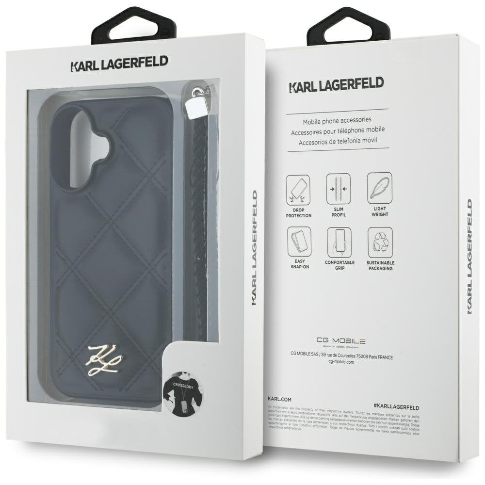 Hoes voor Apple iPhone 16, Karl Lagerfeld, Quilted Initial Logo & Chain Strap, Zwart