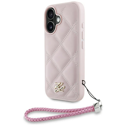 Hoes voor Apple iPhone 16, Karl Lagerfeld, Quilted Initial Logo & Chain Strap, Roze
