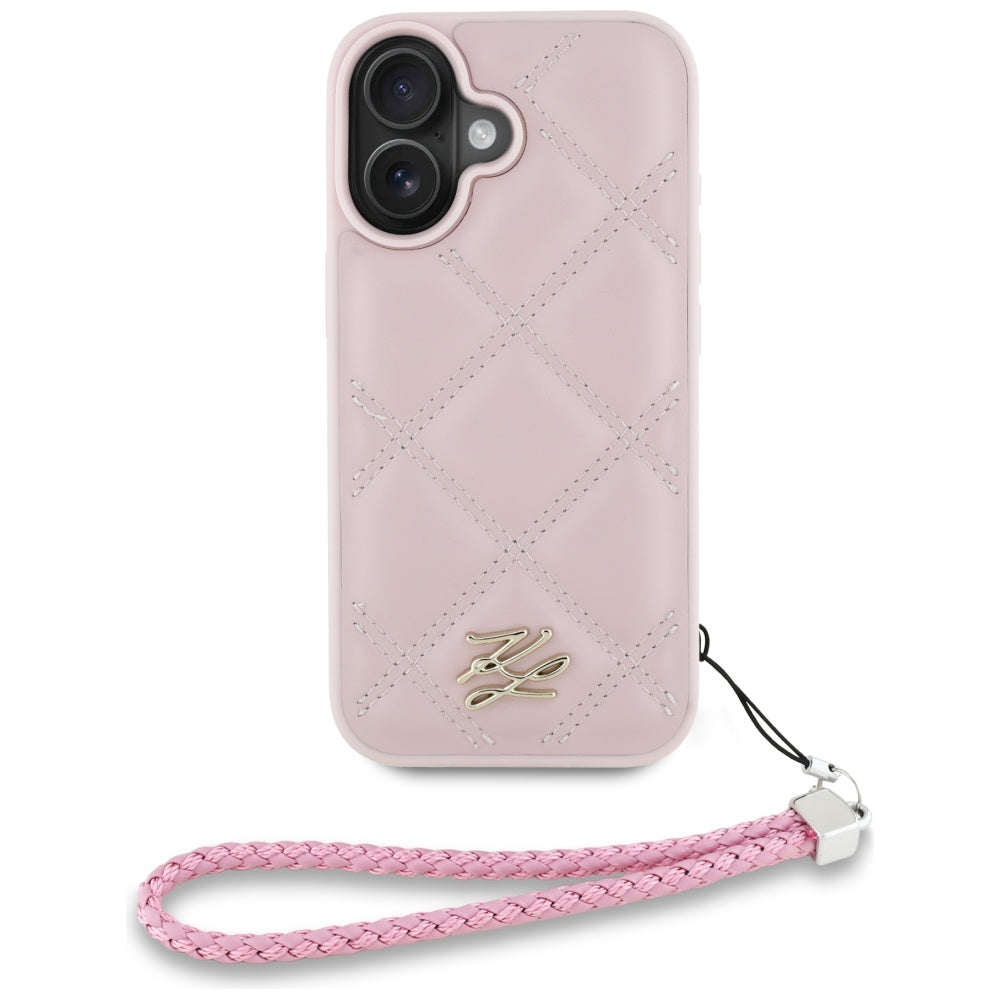 Hoes voor Apple iPhone 16, Karl Lagerfeld, Quilted Initial Logo & Chain Strap, Roze