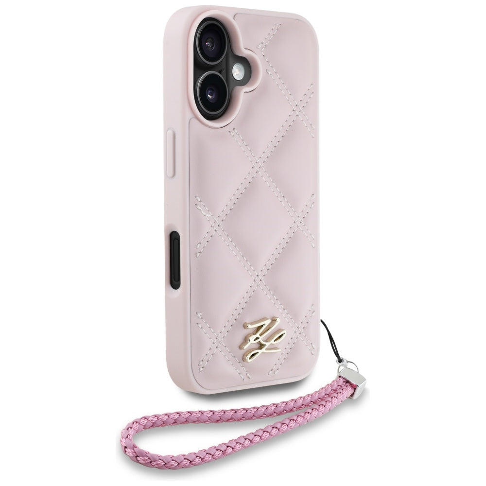 Hoes voor Apple iPhone 16, Karl Lagerfeld, Quilted Initial Logo & Chain Strap, Roze