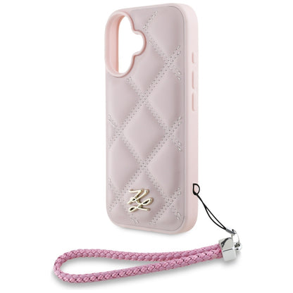 Hoes voor Apple iPhone 16, Karl Lagerfeld, Quilted Initial Logo & Chain Strap, Roze