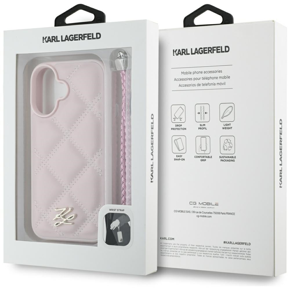 Hoes voor Apple iPhone 16, Karl Lagerfeld, Quilted Initial Logo & Chain Strap, Roze