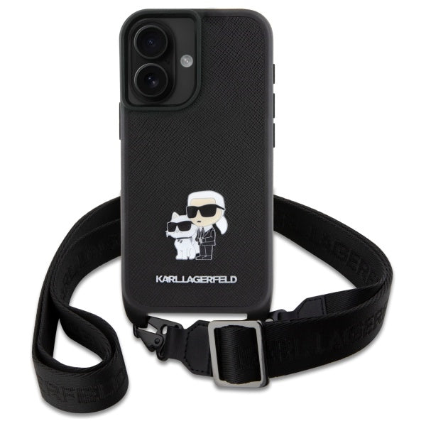 Hoes voor Apple iPhone 16, Karl Lagerfeld, Saffiano Crossbody Metal Pin Karl & Choupette, Wit