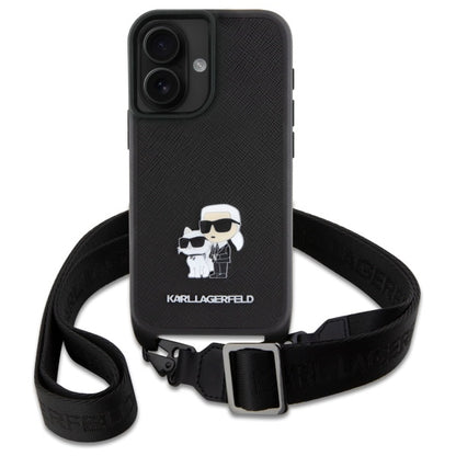 Hoes voor Apple iPhone 16, Karl Lagerfeld, Saffiano Crossbody Metal Pin Karl & Choupette, Wit