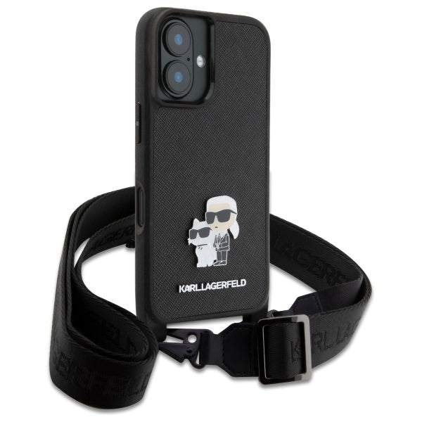 Hoes voor Apple iPhone 16, Karl Lagerfeld, Saffiano Crossbody Metal Pin Karl & Choupette, Wit